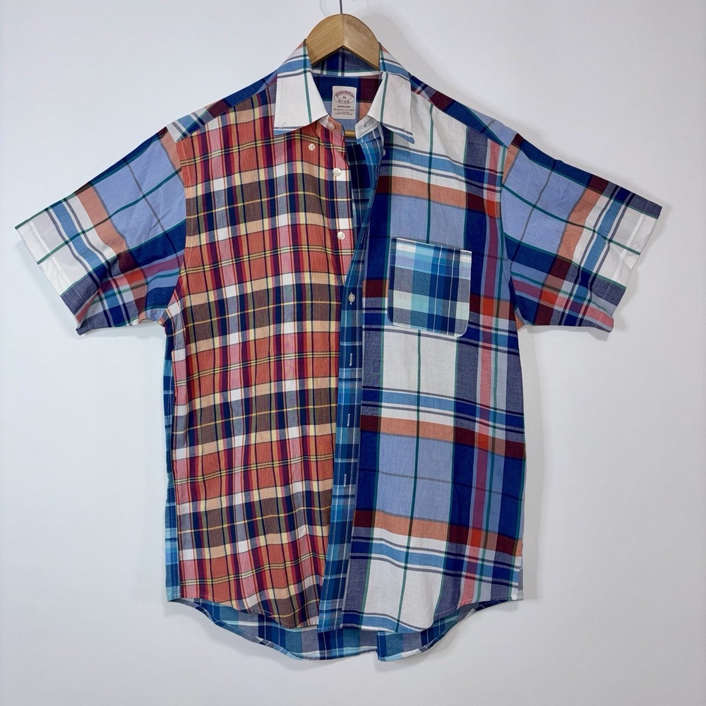 Brooks Brothers Madison Plaid Cotton Button Down Shirt Short Sleeve M